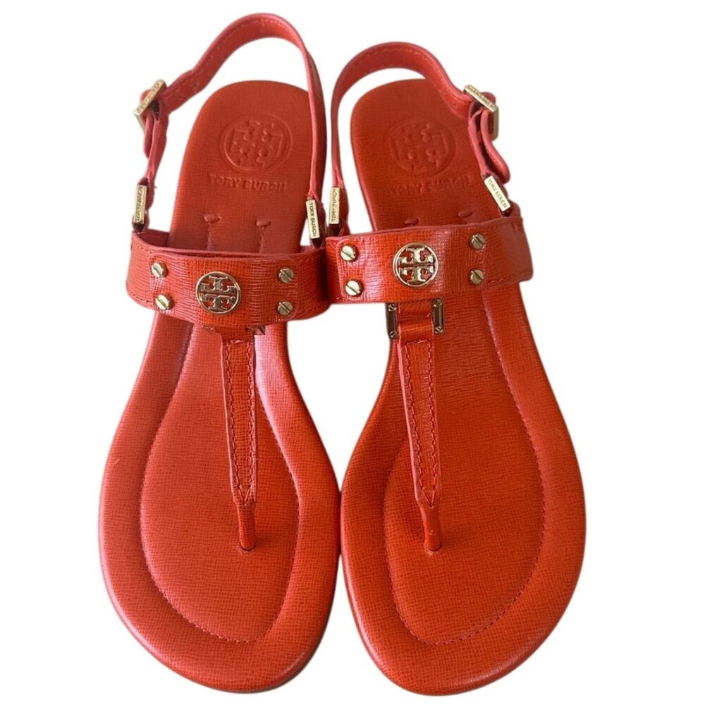 Tory Burch Robinson Demi‎ Wedge Orange T-Strap Sandals 8